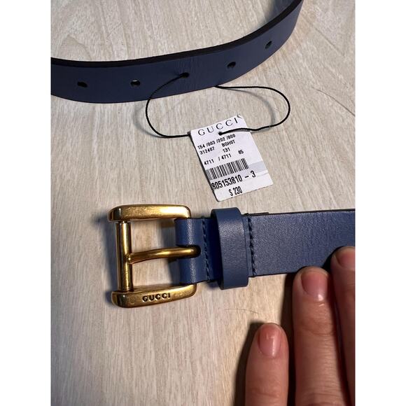 NWT Authentic Gucci Blue Leather Belt with Gold Buckle - Picture 9 of 10